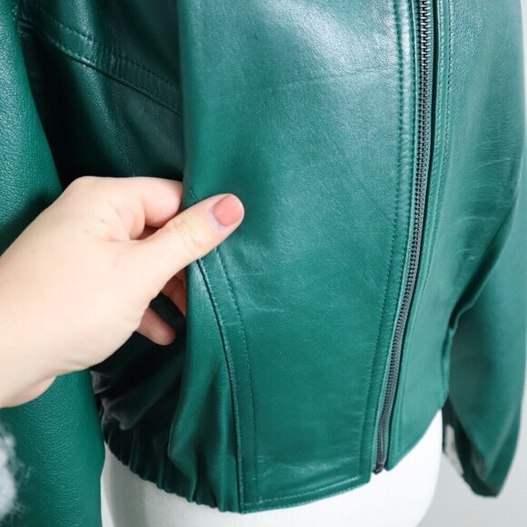North Beach Green Leather Bomber Jacket Size 9/10 - Picture 4 of 8